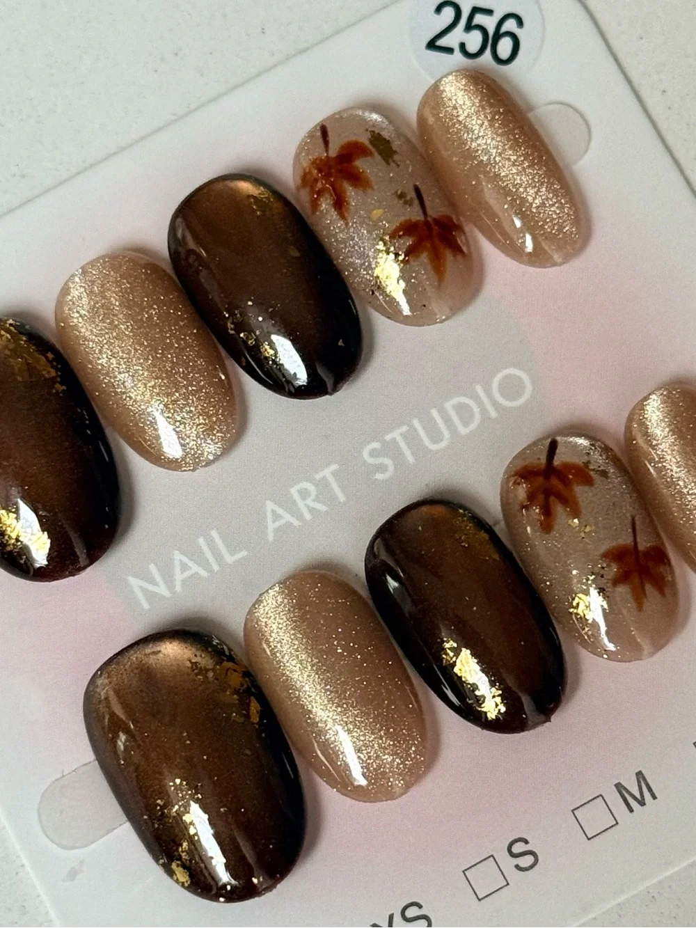 Neutral Brown & Gold Autumn Leaf Press-On Nail Set Fall Special Size M